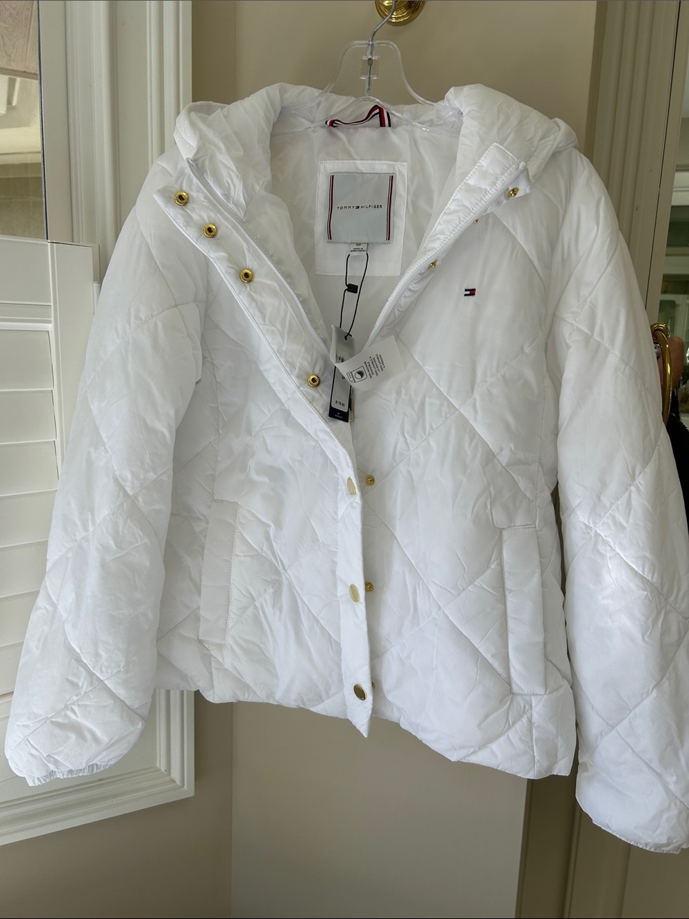 Tommy Hilfiger White Quilted Hooded Puffer Jacket with Gold-Tone Snaps